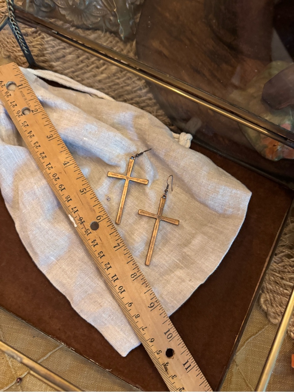 Antiqued Gold Cross Drop Earrings - Lightweight Jewelry